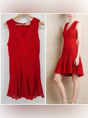ANTHROPOLOGIE San & Soni Red Lace Eyelet Dress Lined 100% Cotton Size 8 Women's
